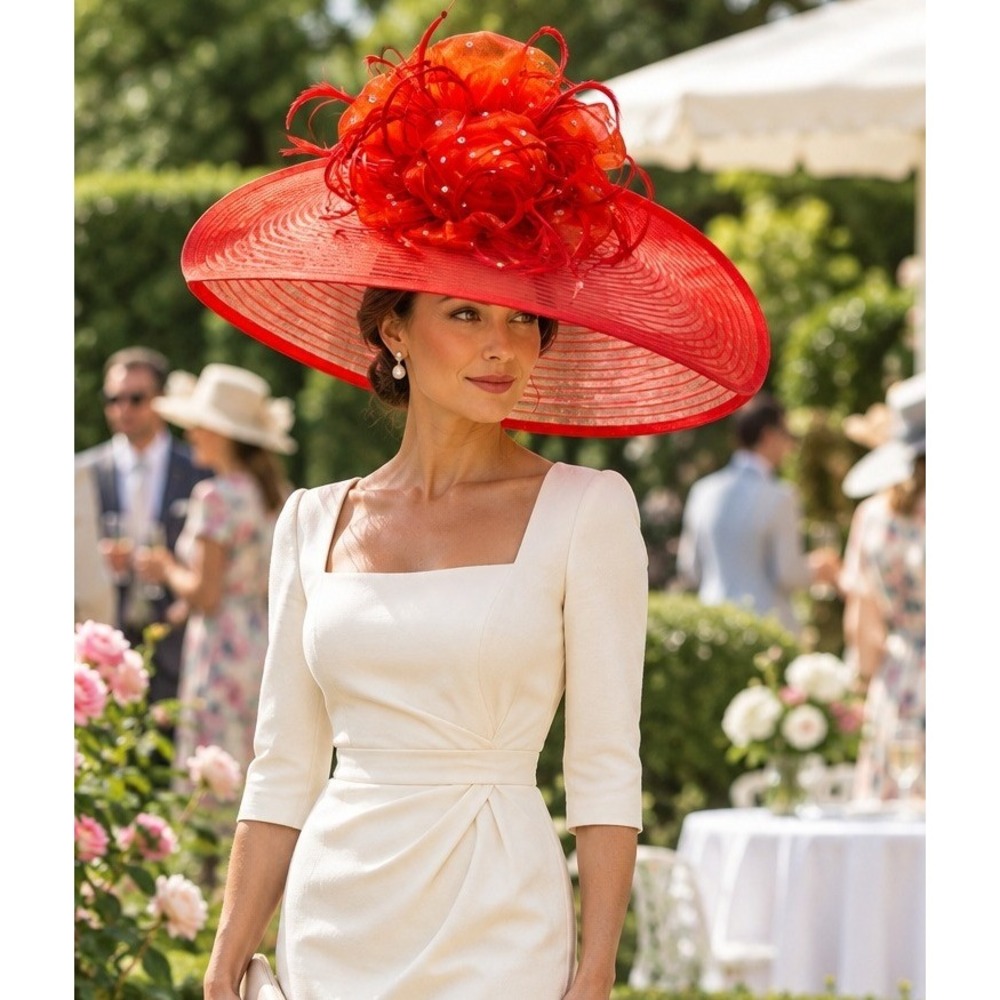 Whittall & Shon Red Wide Brim Kentucky Derby Hat Feather Flower Organza Church